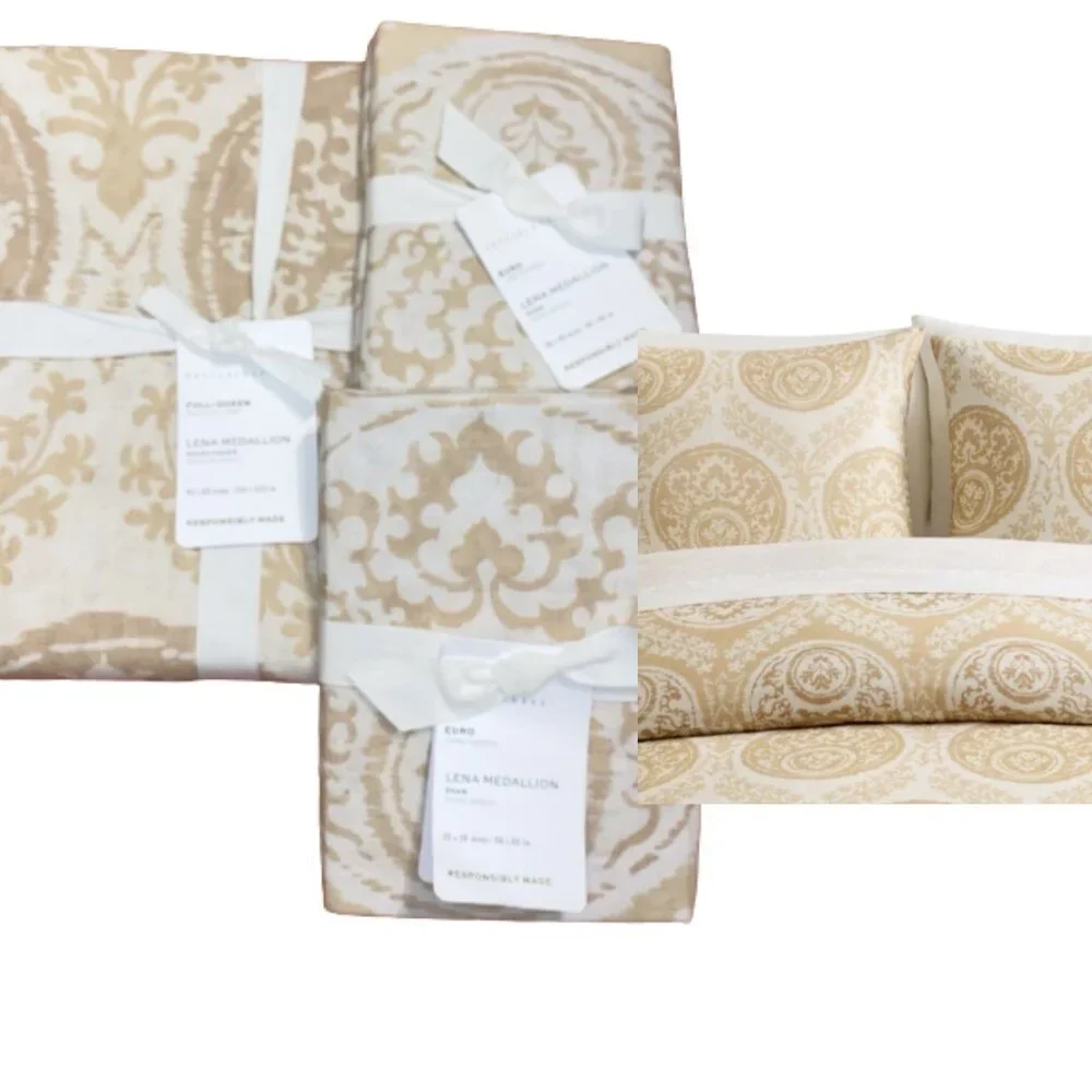 Pottery Barn Cotton Linen Blend Full/Queen Duvet and 2 Euro Shams Lena Medallion